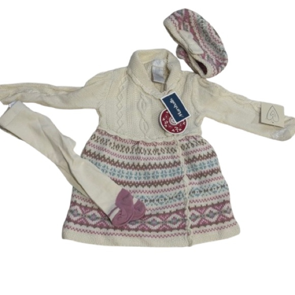 Marshalls Cream and Pink Matching Set Cozy Dress & Knitted Hat Size 3-6 months.